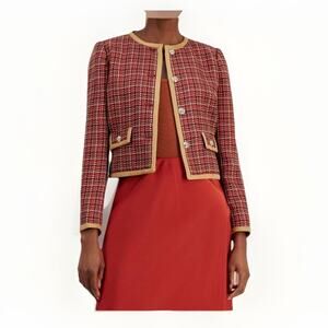 Tahari ASL Women's Red Tweed Collarless Jacket Coat Size 8